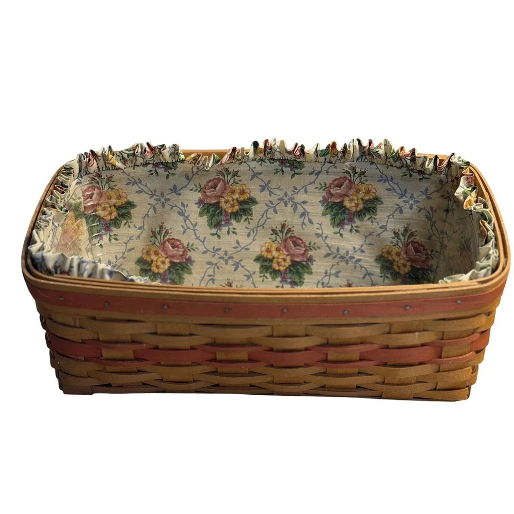 VTG Longaberger Vanity Basket Tan Pink Floral 1996 Mothers Day Liner Tray